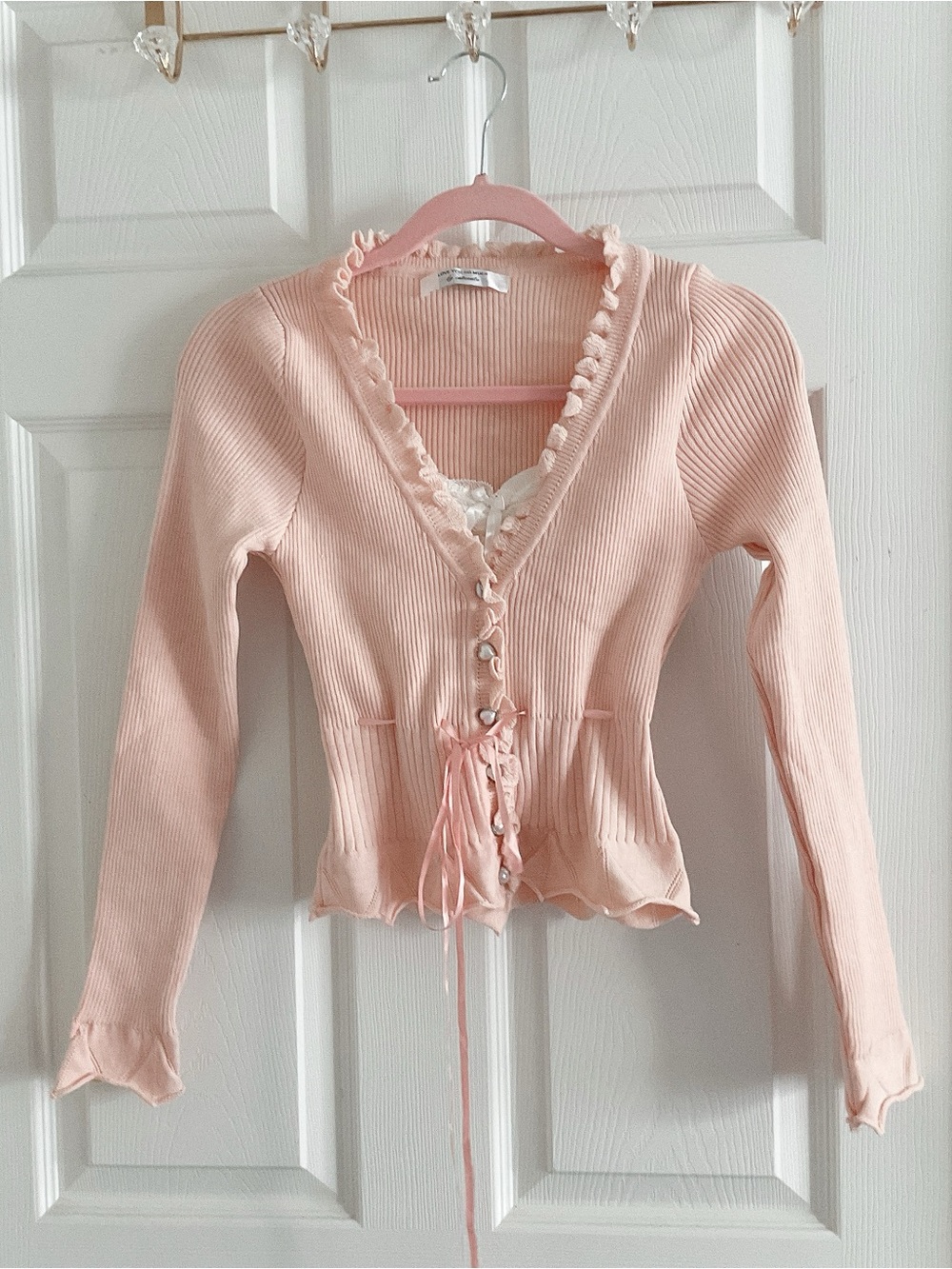 Ruffled Tie-Front Ribbed Cardigan with lace and heart buttons